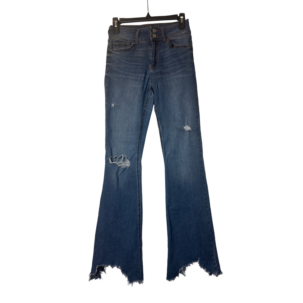 Rewash Brand Women Blue Distressed Sharkbite Hem Flare Jeans Size 3 26 High Rise